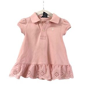 Ralph Lauren Blue Label Pink Polo Dress Short Sleeves Eyelet Lace Trim Size 9M
